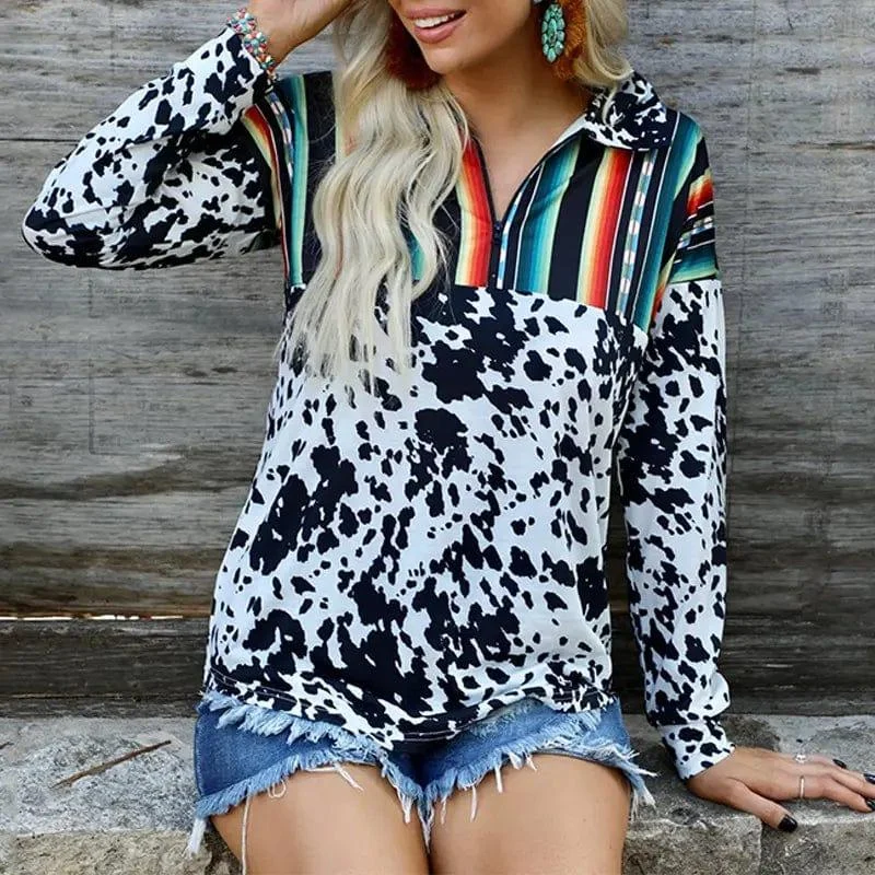 Cow Print Serape Half Zip Sweatshirt - Glova