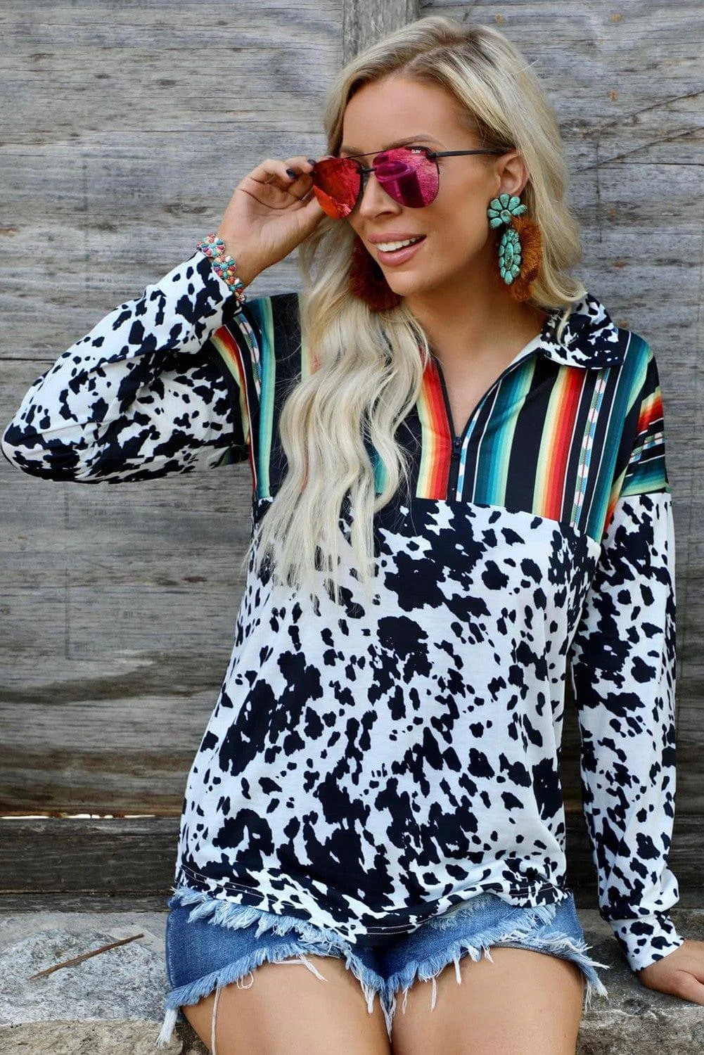 Cow Print Serape Half Zip Sweatshirt - Glova