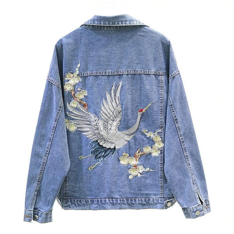 Crane Embroidered Denim Jacket (2 Colors) - Glova