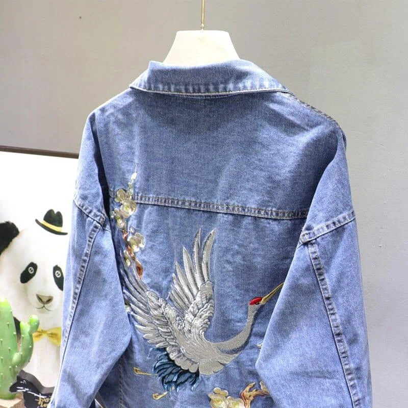 Crane Embroidered Denim Jacket (2 Colors) - Glova