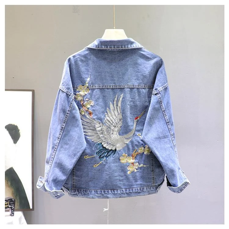 Crane Embroidered Denim Jacket (2 Colors) - Glova