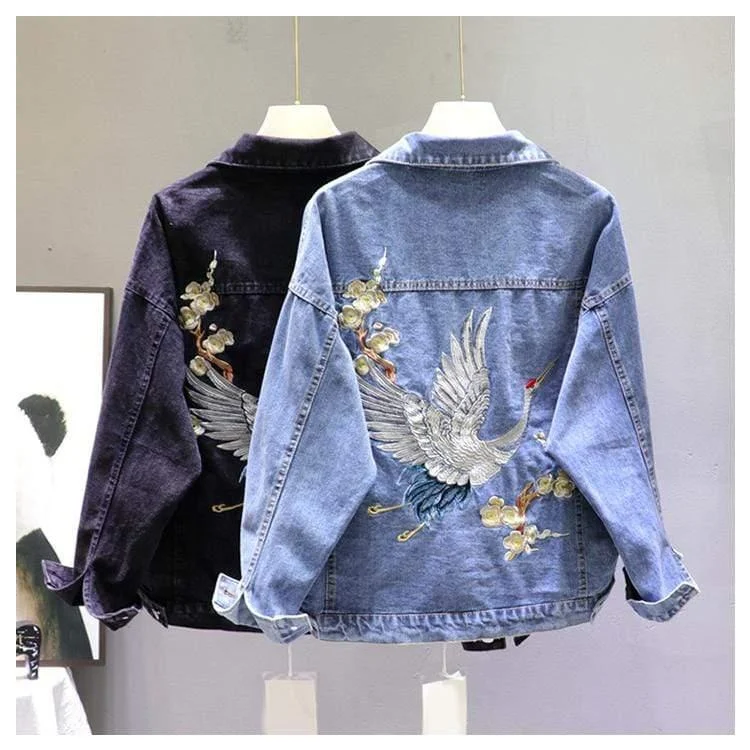 Crane Embroidered Denim Jacket (2 Colors) - Glova