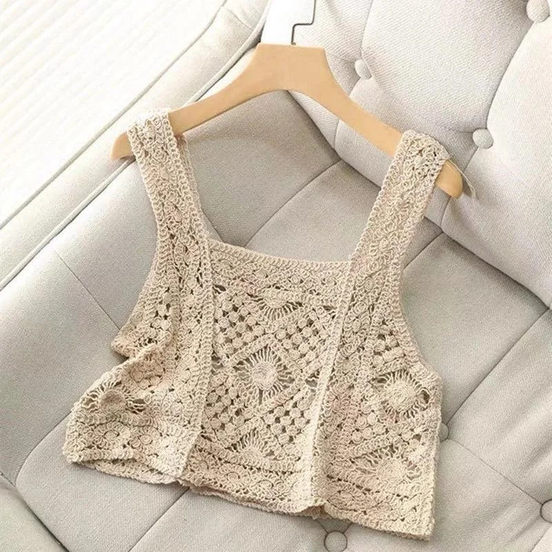 Crochet Hollow Out Geometry Floral Pattern Knitted Vest Top - Glova