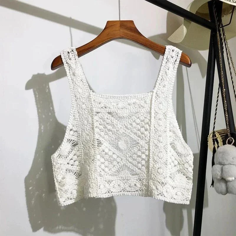 Crochet Hollow Out Geometry Floral Pattern Knitted Vest Top - Glova