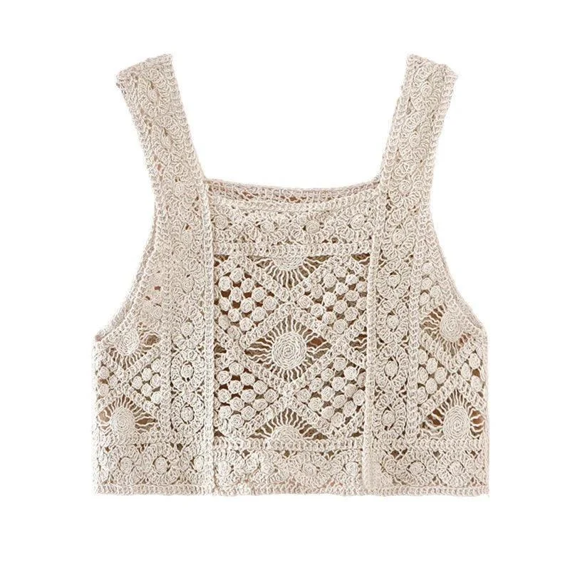 Crochet Hollow Out Geometry Floral Pattern Knitted Vest Top - Glova