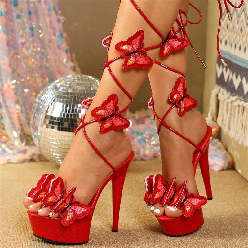 Cross Strap Handmade Embroidery Butterfly High Heels Shoes - Glova