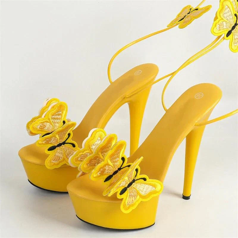 Cross Strap Handmade Embroidery Butterfly High Heels Shoes - Glova