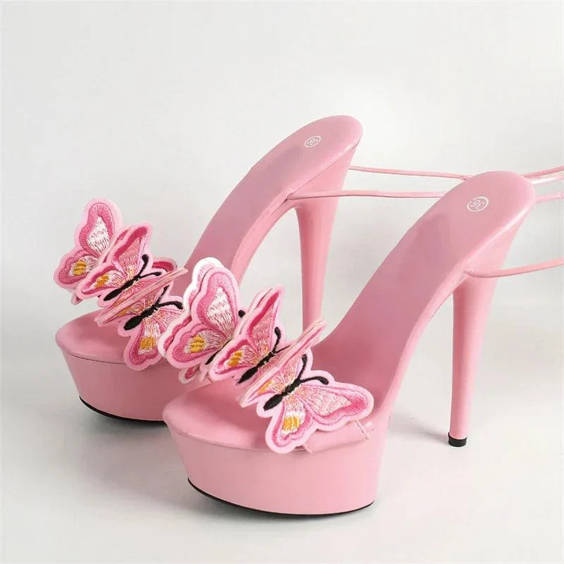 Cross Strap Handmade Embroidery Butterfly High Heels Shoes - Glova