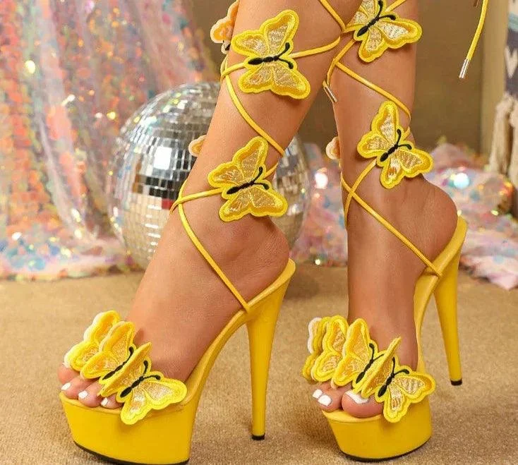 Cross Strap Handmade Embroidery Butterfly High Heels Shoes - Glova