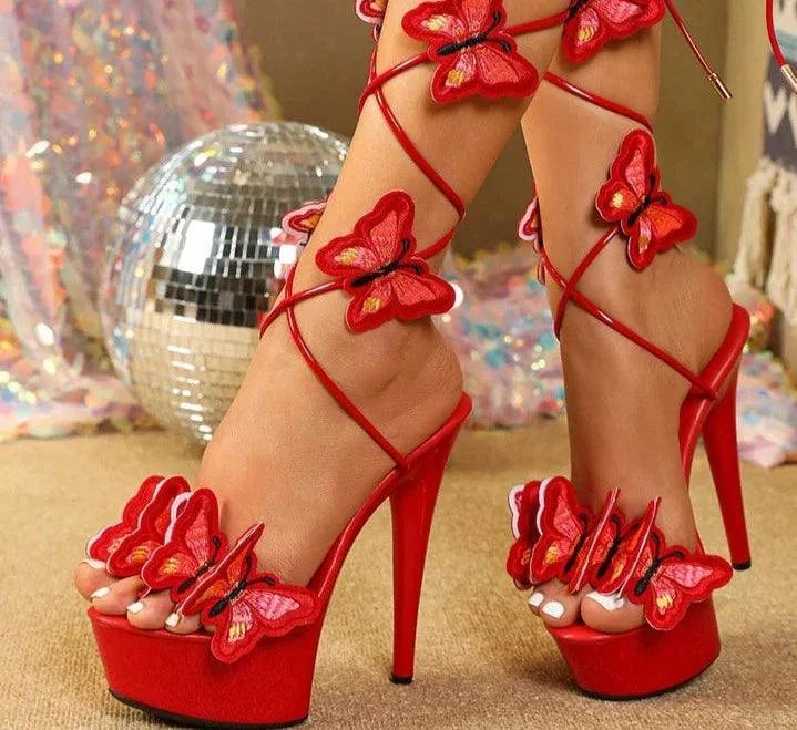 Cross Strap Handmade Embroidery Butterfly High Heels Shoes - Glova