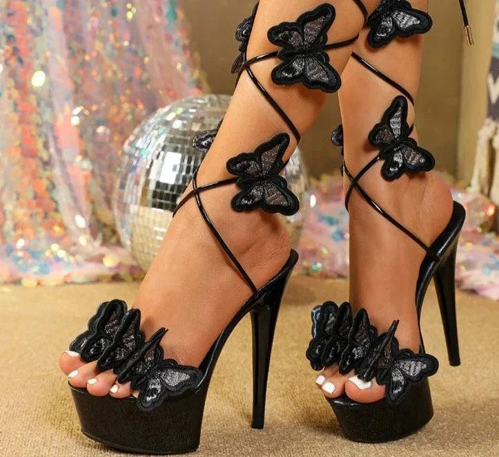 Cross Strap Handmade Embroidery Butterfly High Heels Shoes - Glova