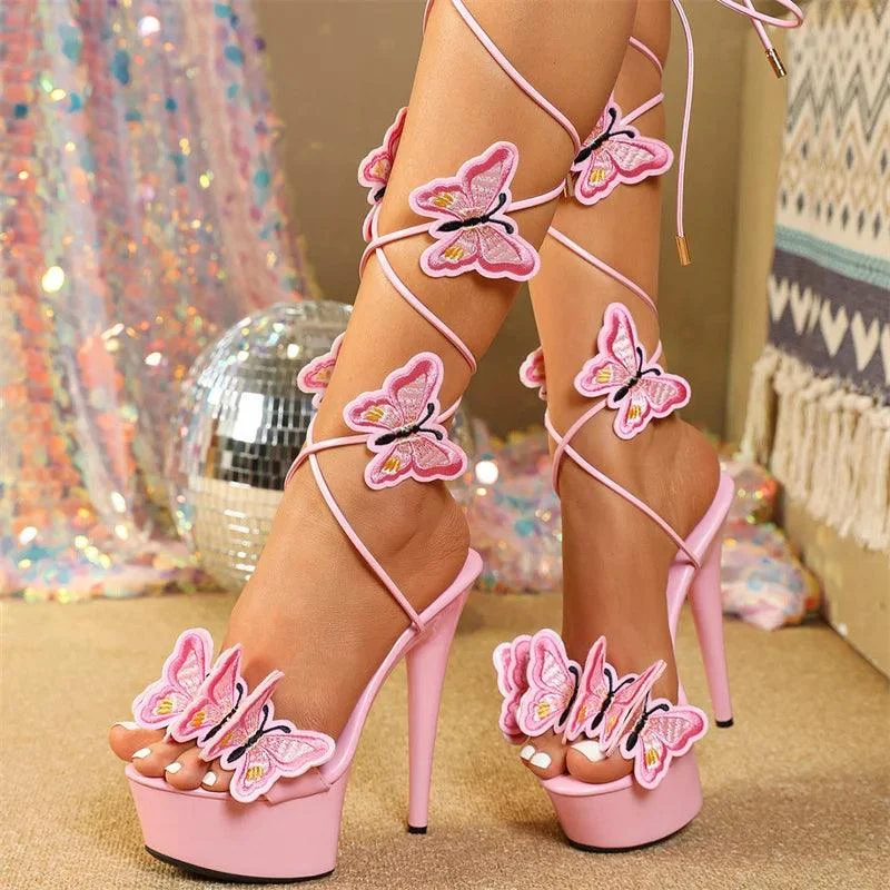 Cross Strap Handmade Embroidery Butterfly High Heels Shoes - Glova