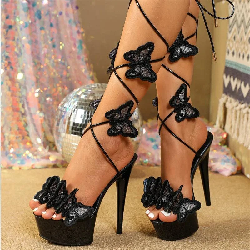 Cross Strap Handmade Embroidery Butterfly High Heels Shoes - Glova