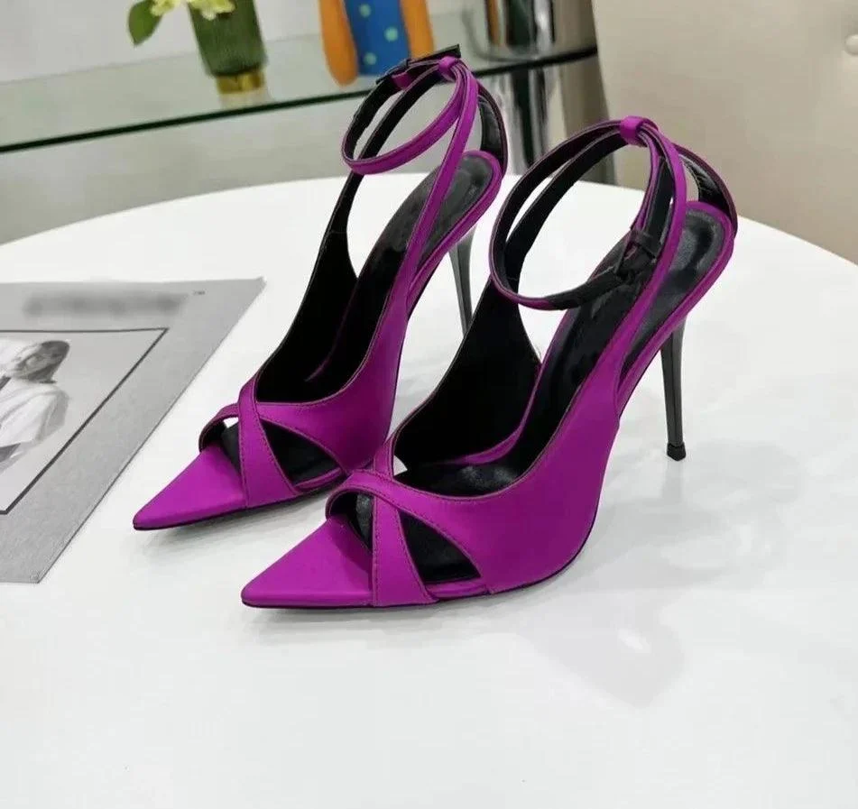 Cross Strap Pointed Toe Satin Ankle Strap Shoes - Glova