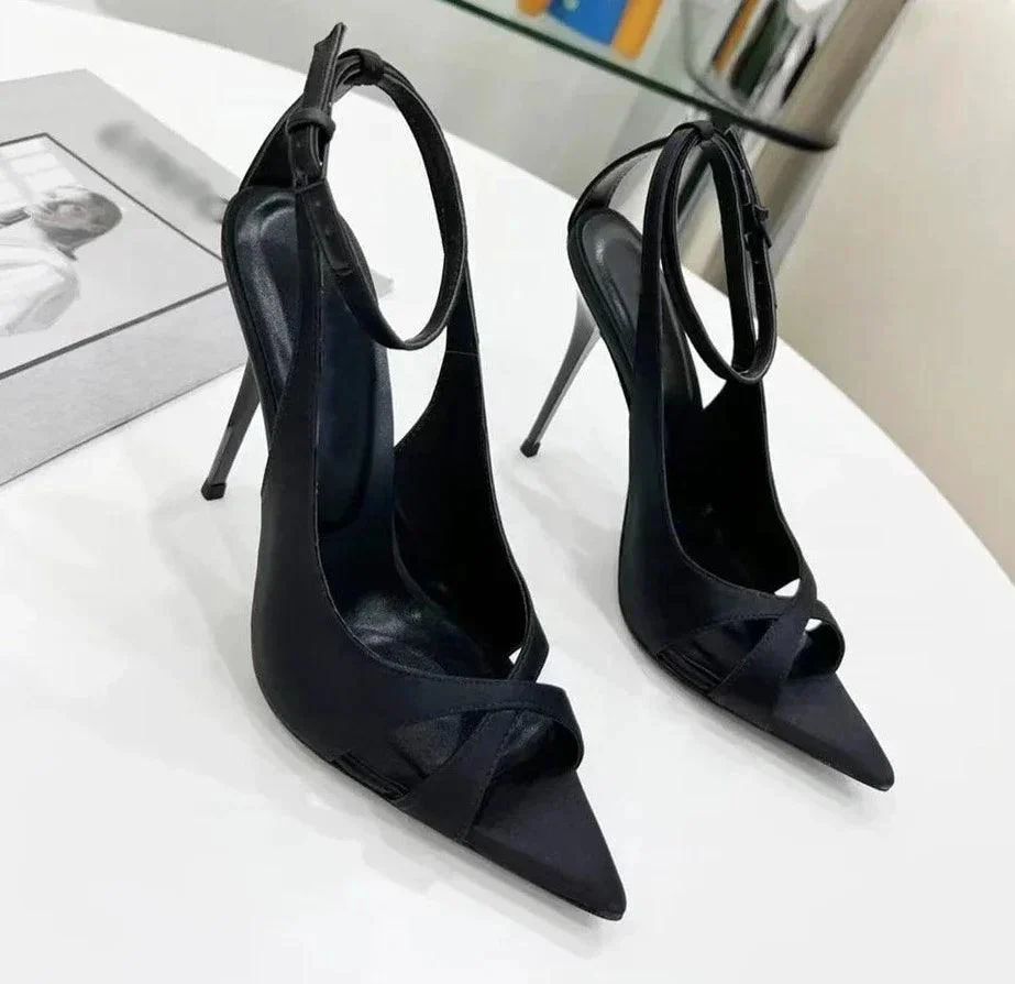 Cross Strap Pointed Toe Satin Ankle Strap Shoes - Glova