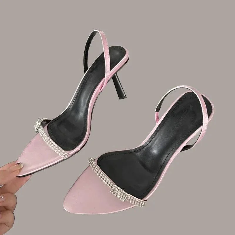 Crystal Buckle Pointed Toe Ankle Strap Thin High Heels Shoes - Glova