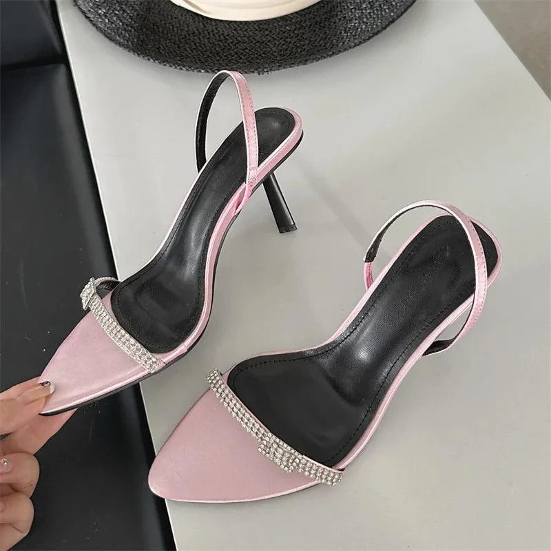 Crystal Buckle Pointed Toe Ankle Strap Thin High Heels Shoes - Glova