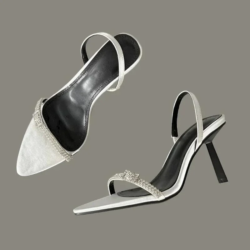 Crystal Buckle Pointed Toe Ankle Strap Thin High Heels Shoes - Glova