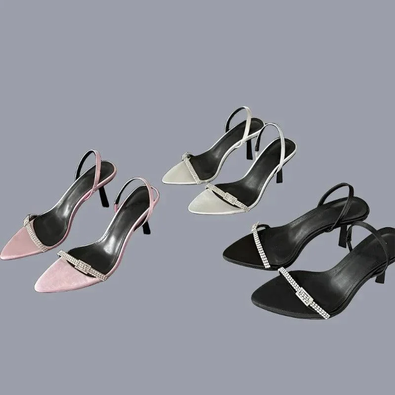 Crystal Buckle Pointed Toe Ankle Strap Thin High Heels Shoes - Glova