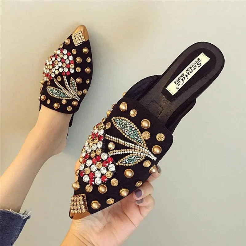 Crystal Cherry Mules Pointed Toe Metal Studs Shoes - Glova