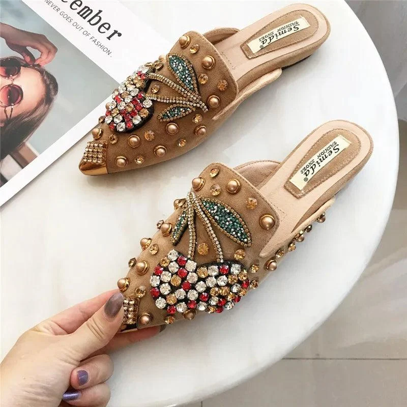 Crystal Cherry Mules Pointed Toe Metal Studs Shoes - Glova