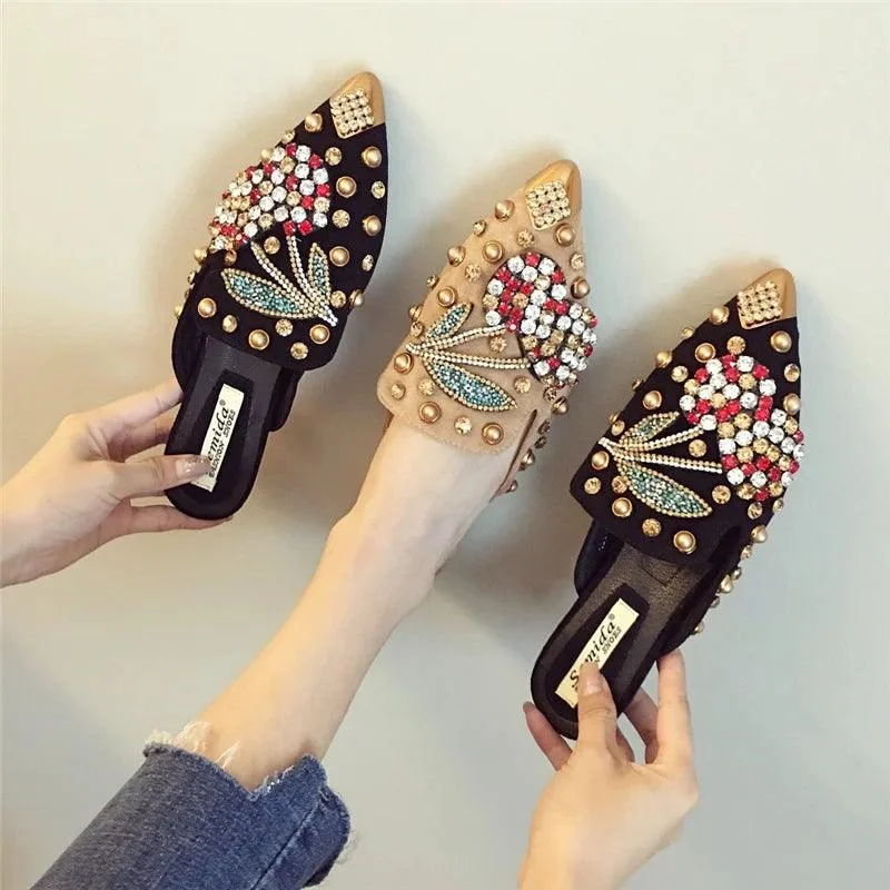 Crystal Cherry Mules Pointed Toe Metal Studs Shoes - Glova