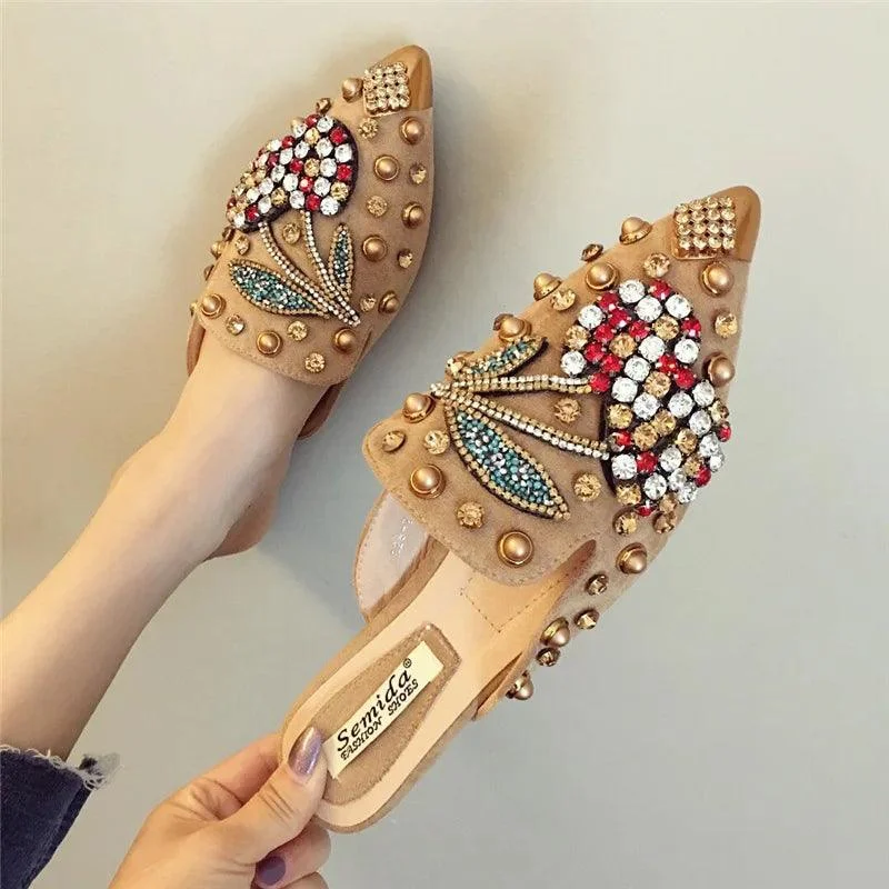 Crystal Cherry Mules Pointed Toe Metal Studs Shoes - Glova