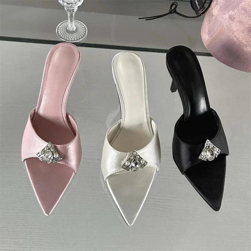 Crystal Diamond Pointed Toe Thin Heels Banquet Slides Sandals - Glova