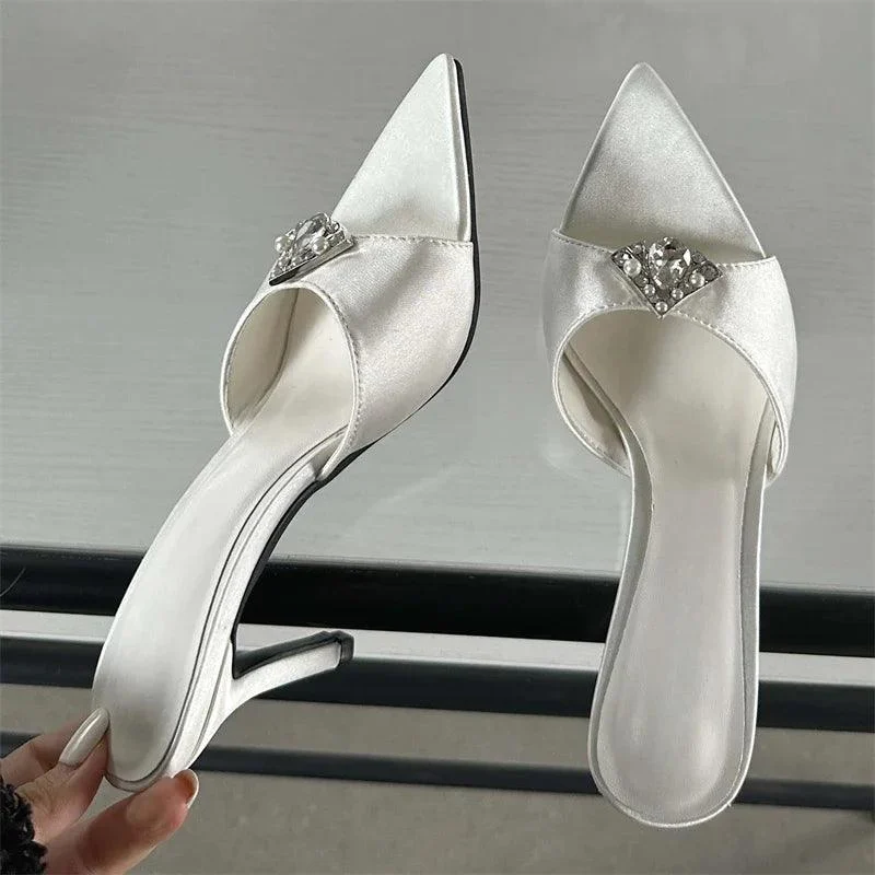 Crystal Diamond Pointed Toe Thin Heels Banquet Slides Sandals - Glova