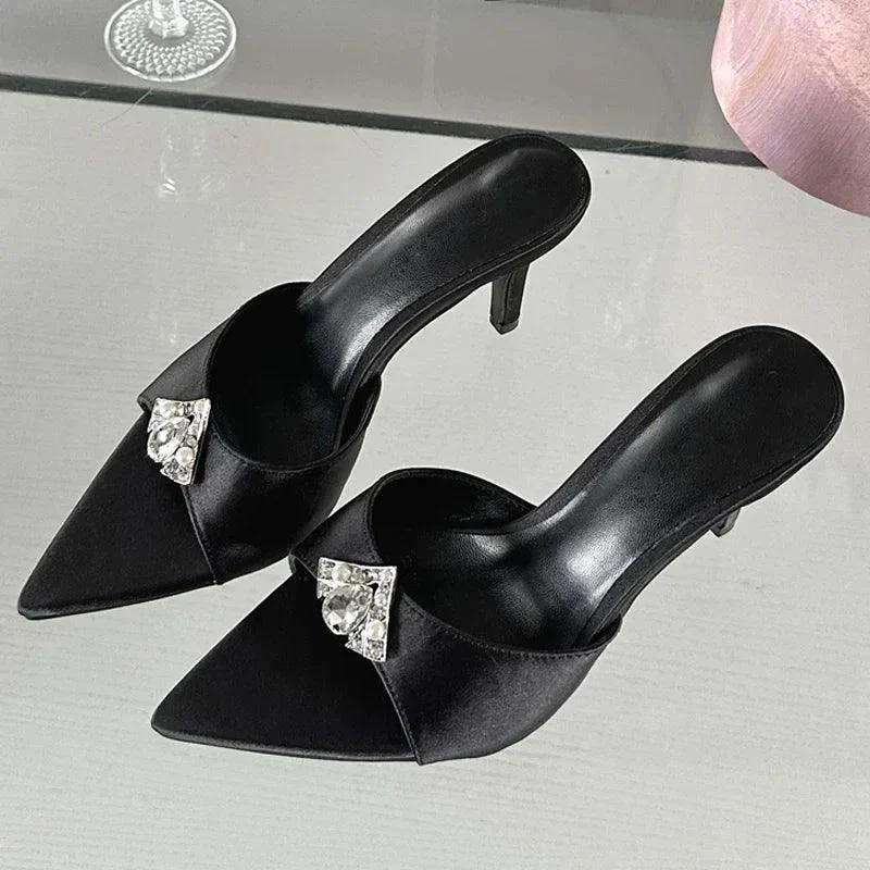 Crystal Diamond Pointed Toe Thin Heels Banquet Slides Sandals - Glova