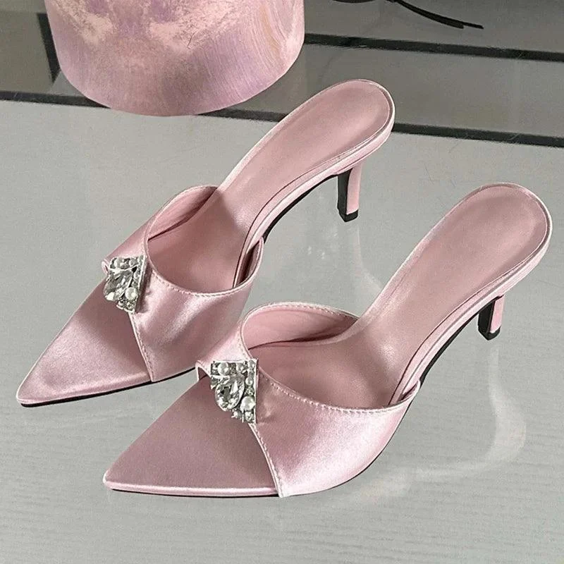 Crystal Diamond Pointed Toe Thin Heels Banquet Slides Sandals - Glova