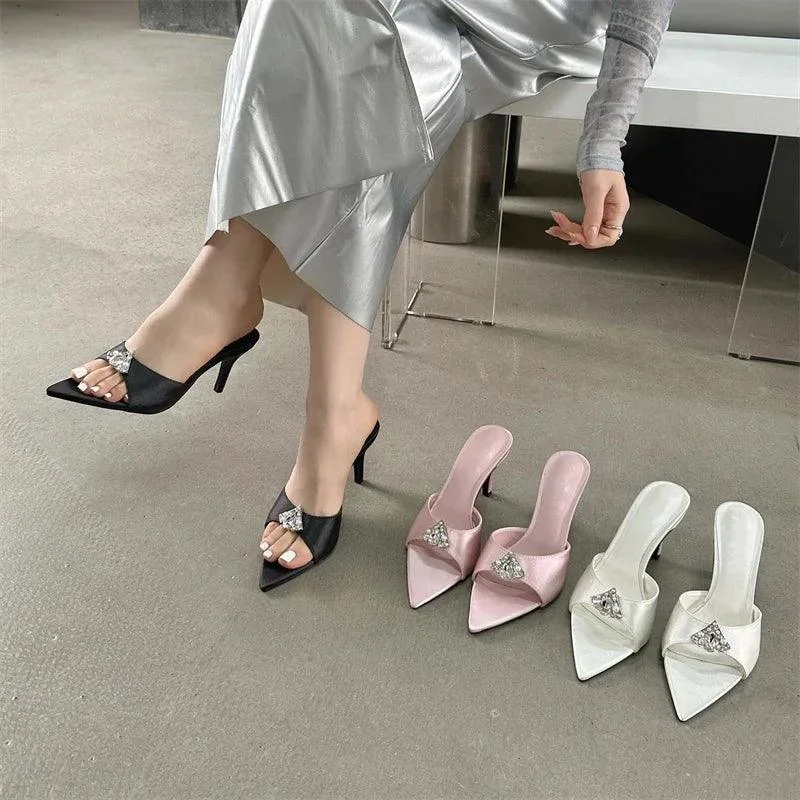 Crystal Diamond Pointed Toe Thin Heels Banquet Slides Sandals - Glova