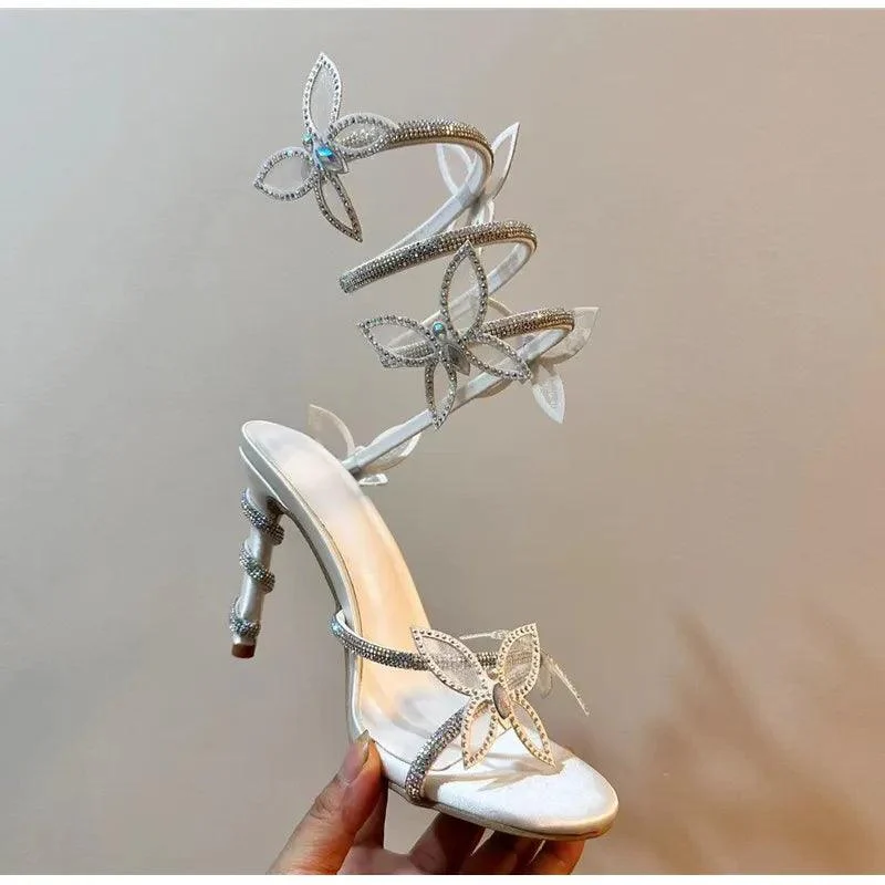 Crystal Embellished Butterfly Details White Party Shoes - Glova