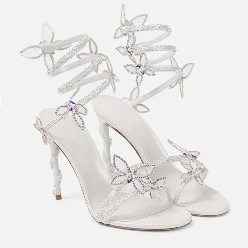 Crystal Embellished Butterfly Details White Party Shoes - Glova