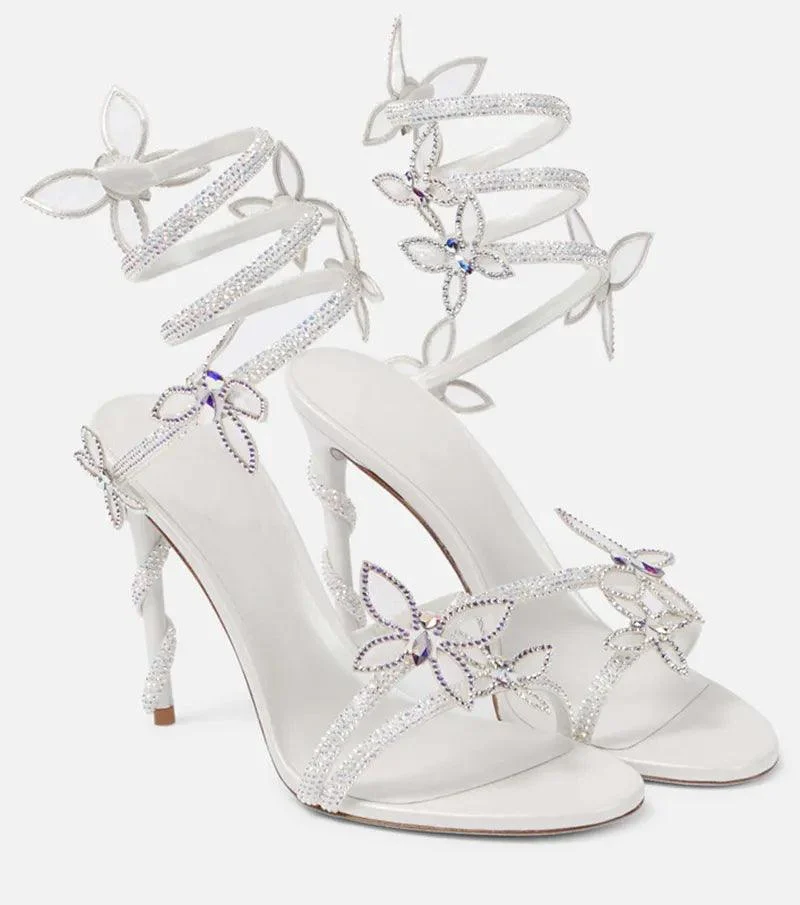 Crystal Embellished Butterfly Details White Party Shoes - Glova