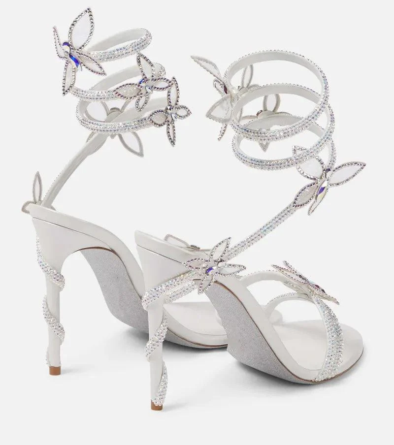 Crystal Embellished Butterfly Details White Party Shoes - Glova