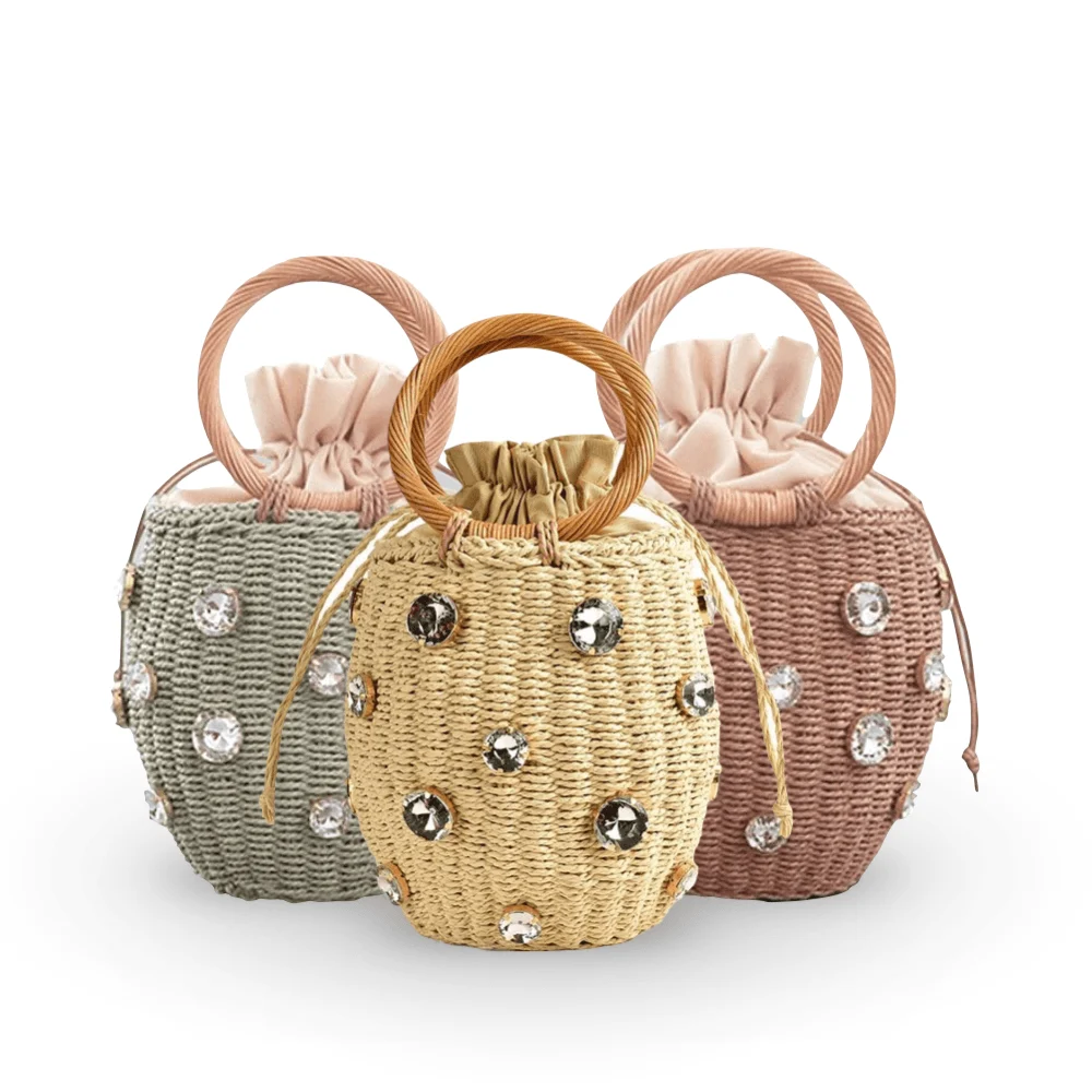 Crystal Embellished Straw Bucket Bag - 3 Colors - Glova