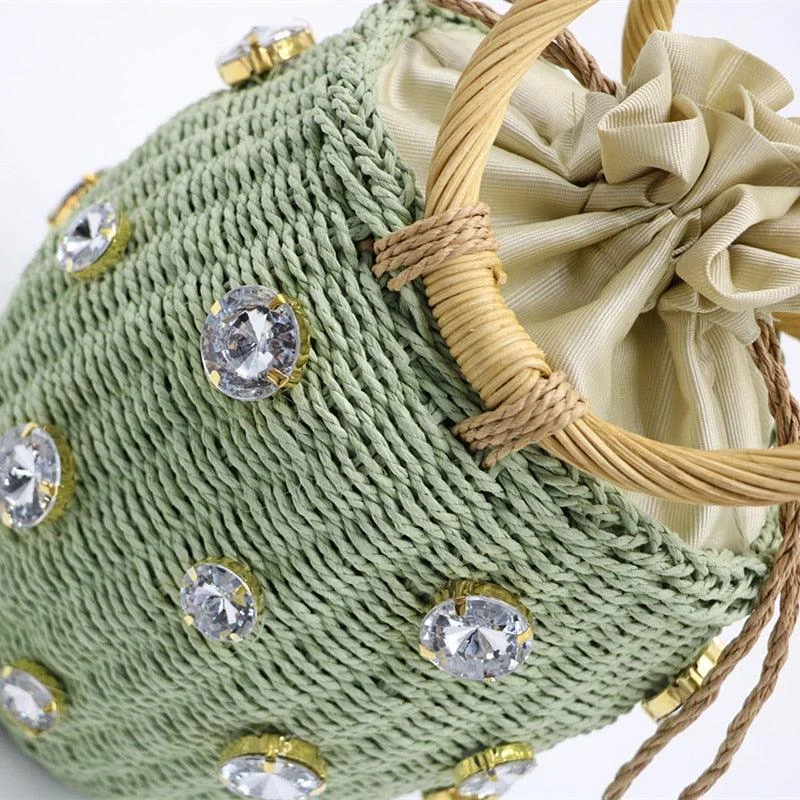 Crystal Embellished Straw Bucket Bag - 3 Colors - Glova