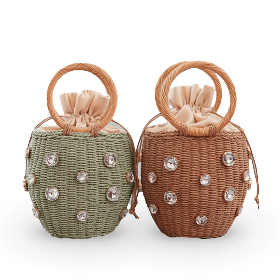 Crystal Embellished Straw Bucket Bag - 3 Colors - Glova