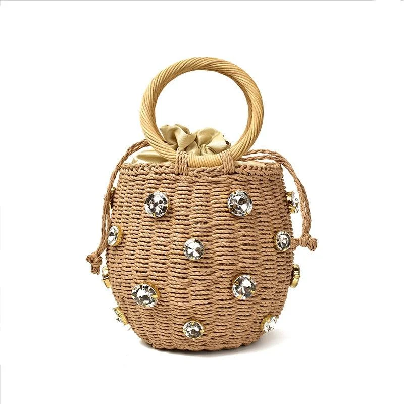 Crystal Embellished Straw Bucket Bag - 3 Colors - Glova