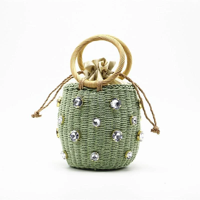 Crystal Embellished Straw Bucket Bag - 3 Colors - Glova