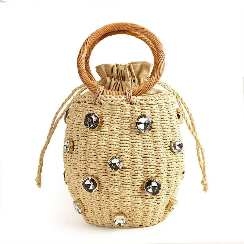 Crystal Embellished Straw Bucket Bag - 3 Colors - Glova