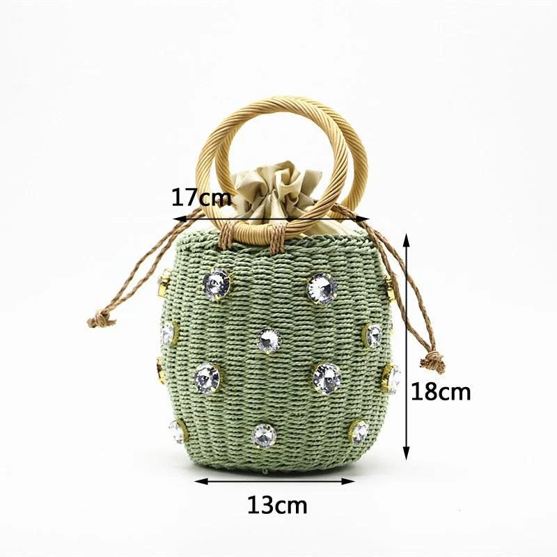 Crystal Embellished Straw Bucket Bag - 3 Colors - Glova