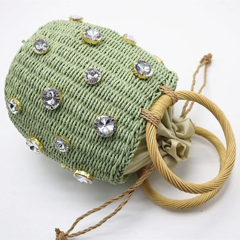 Crystal Embellished Straw Bucket Bag - 3 Colors - Glova