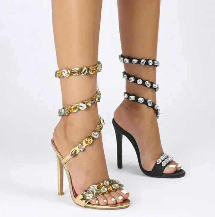 Crystal Embellished Wrap Around Stiletto Sandals For Women - Glova