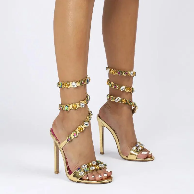 Crystal Embellished Wrap Around Stiletto Sandals For Women - Glova