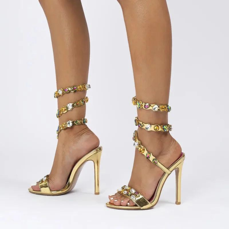 Crystal Embellished Wrap Around Stiletto Sandals For Women - Glova