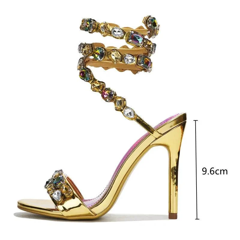 Crystal Embellished Wrap Around Stiletto Sandals For Women - Glova