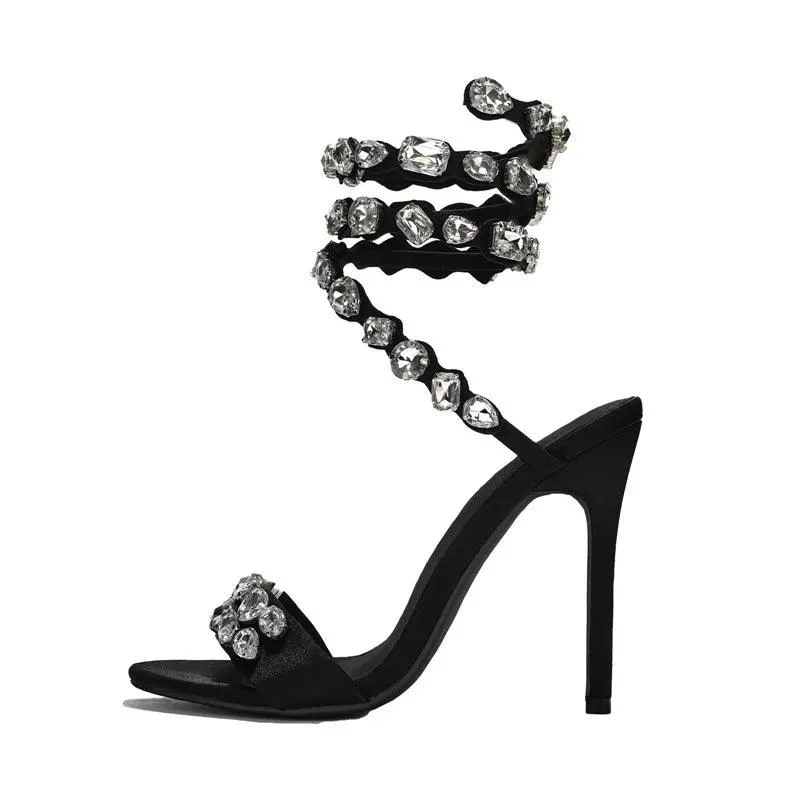 Crystal Embellished Wrap Around Stiletto Sandals For Women - Glova