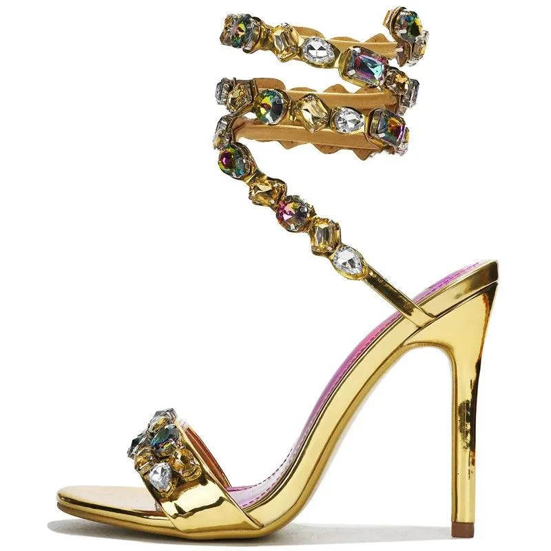 Crystal Embellished Wrap Around Stiletto Sandals For Women - Glova